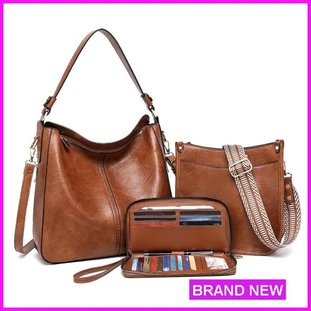 3-Piece PU Leather Crossbody Bag Set with Wallet, Adjustable Straps, Large